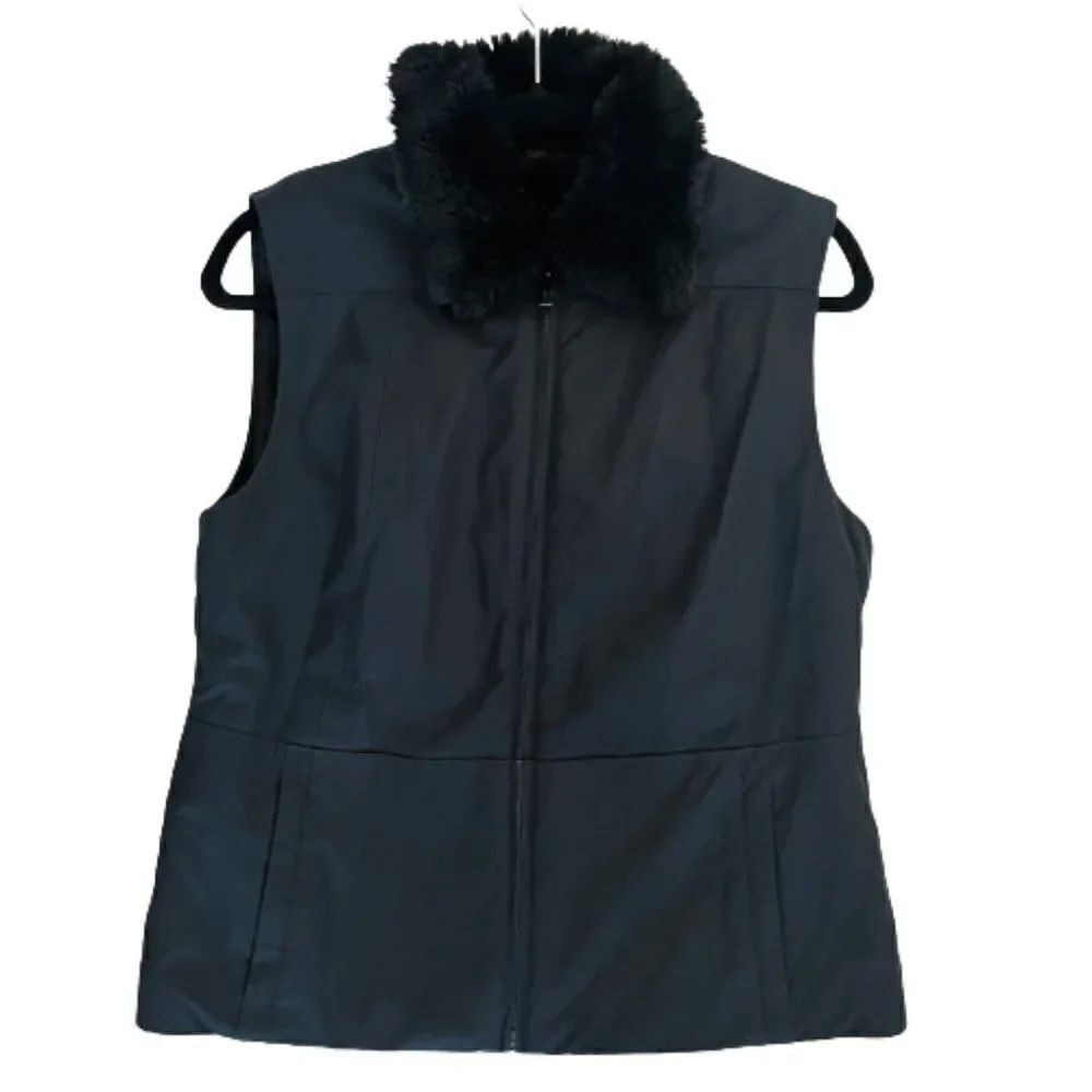 Ann Taylor Black Faux Fur Lined Full Zip Nylon Vest Women's Size Small